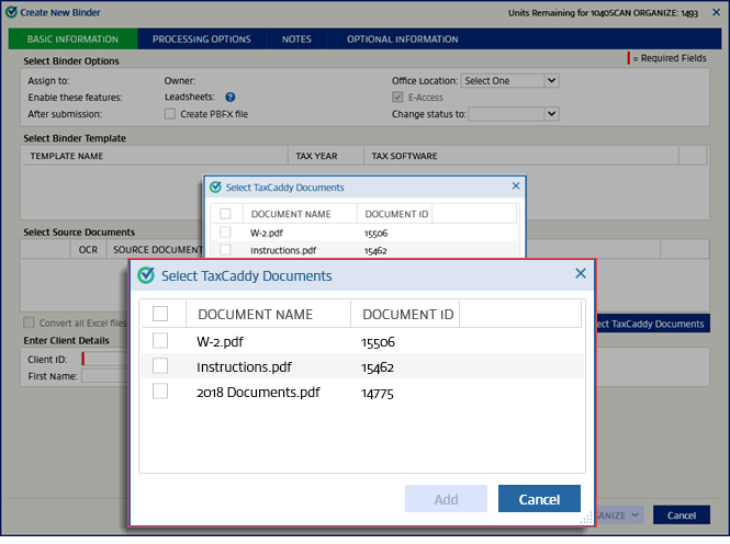 Select TaxCaddy Documents&nbsp;window