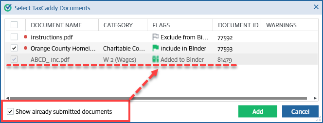 Show already submitted documents&nbsp;checkbox
