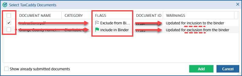 Include and Exclude from Binder flags