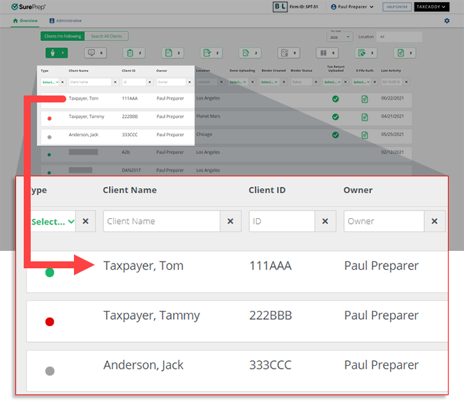 Select a client profile from the Overview screen