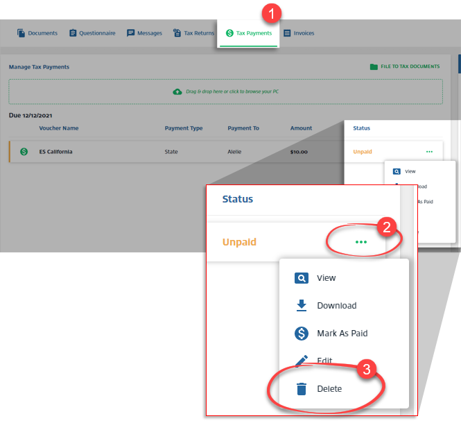 Select Delete from the Tax Payments tab