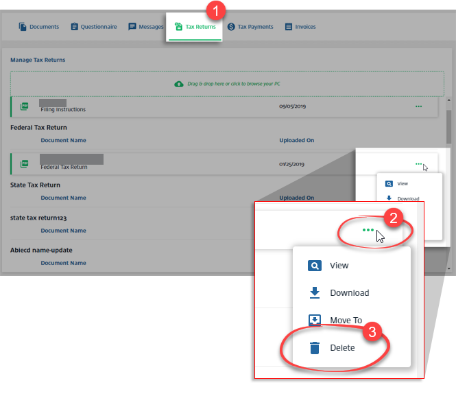 Select Delete from the Tax Returns tab