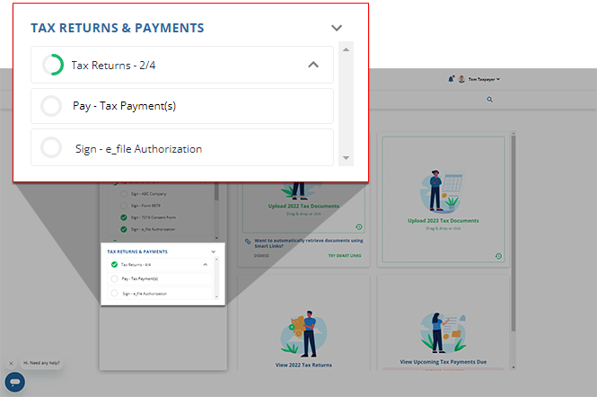 TAX RETURNS & PAYMENTS section of the task list
