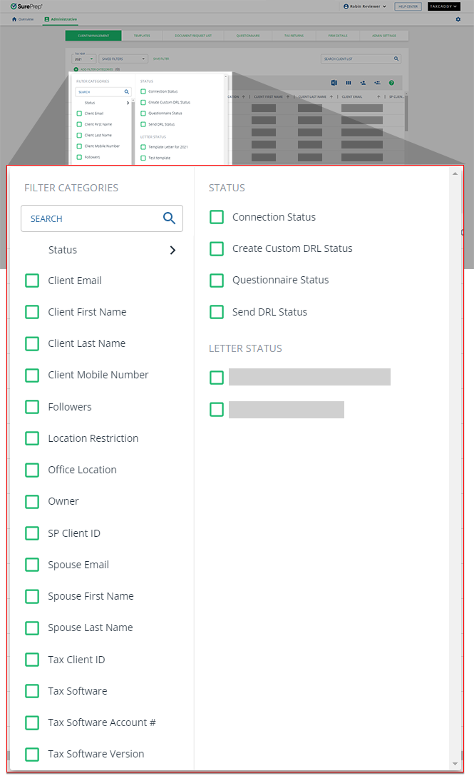 Filter Categories screen