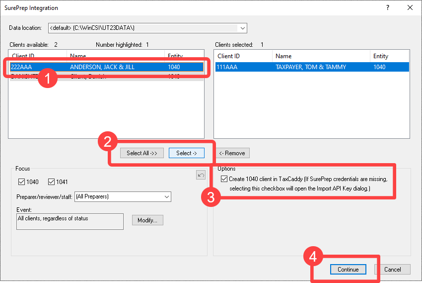 Select the "Create 1040 client in TaxCaddy..." checkbox