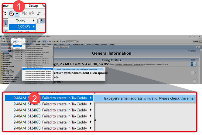 Notification of the Failed to create in TaxCaddy status
