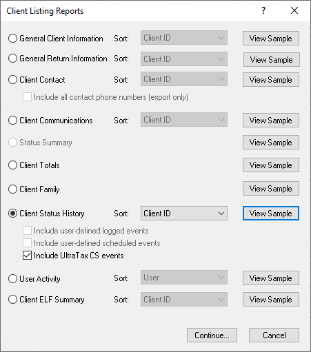 Client Listing Reports window