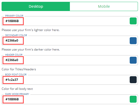 HEX codes in the appropriate fields