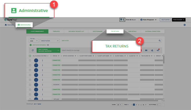 Select&nbsp;Administrative, then select&nbsp;TAX RETURNS