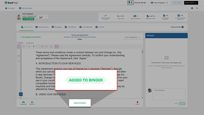 ADDED TO BINDER&nbsp;badge on the document