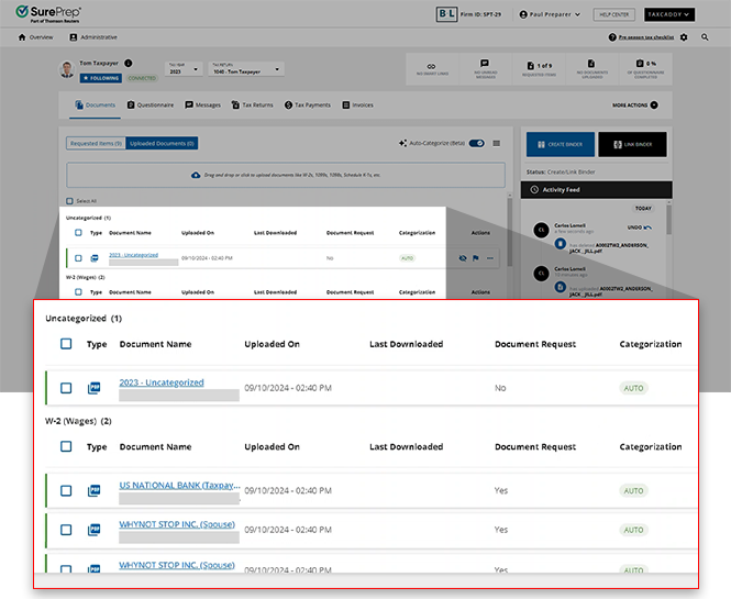 Auto-categorized documents in the client profile