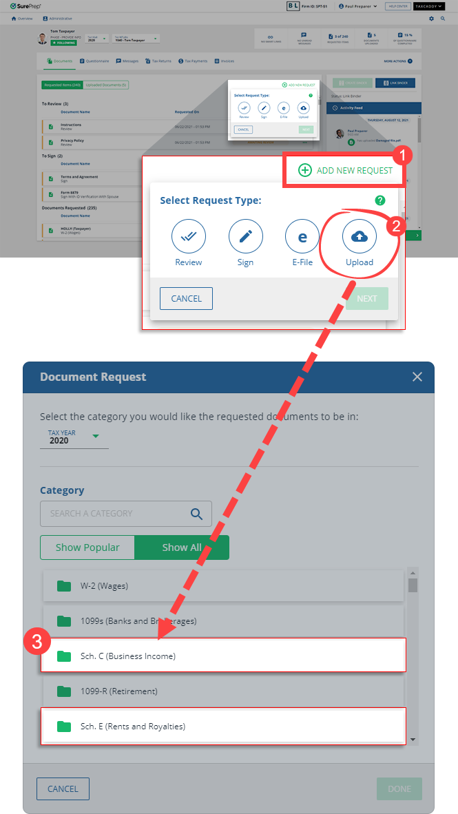 Select Upload to send an upload request