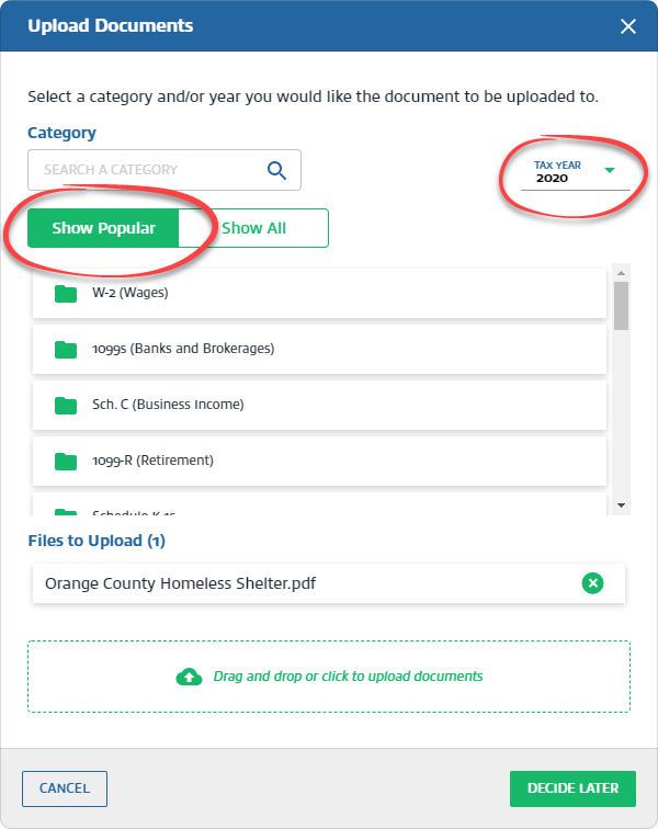 Select a tax year and category