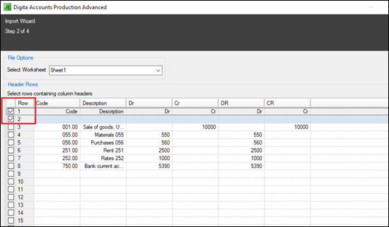  Digita Accounts Production Advanced Import Wizard. Step 2 of 4 is shown. The table of data being imported includes a header row and an empty row. The checklist for each of these rows is marked ready to exclude them from the import. 