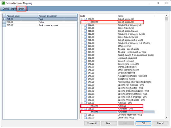  The External Account Mapping dialog. There are two vertical panes. The first contains a table with two columns: Account Code and Account Description from the source data. The second has the Digita Code and Name. Three codes from the source data have already been mapped. They are shown underneath the corresponding Digita codes. There are thre buttons across the top, Display, Import, and Export. 