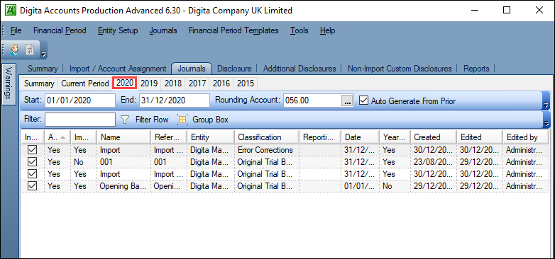  Accounts Production Advanced with a client open and the Journals tab active. The Journals tab has sub-tabs, which include Summary, Current Period, and prior periods. The first prior period, 2020 in this example, is highlighted. The Start and End Dates and the Rounding Account for this prior period are shown and list of Journals has been filtered to show only entries for this prior period.  