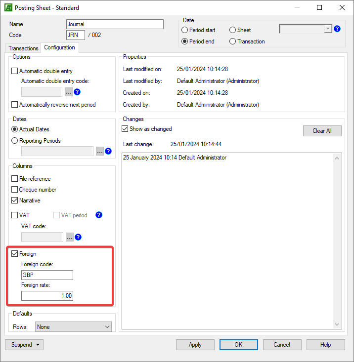 The Posting Sheet window with the Configuration tab selected. This tab has 6 sections. In the 5th section, Columns, there is a Foreign checkbox, which is marked.