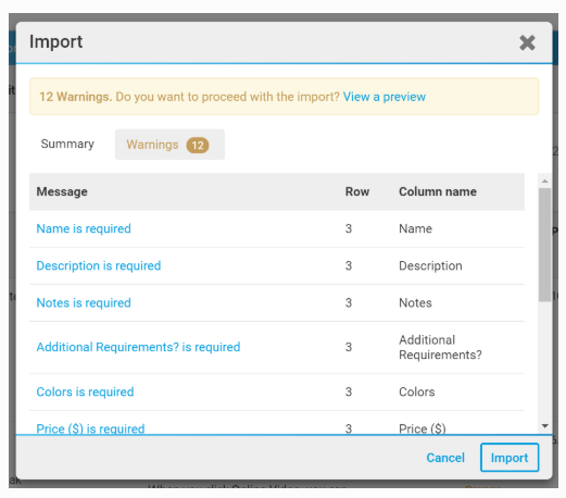 12 warnings. Do you want to proceed with the import? View a preview.