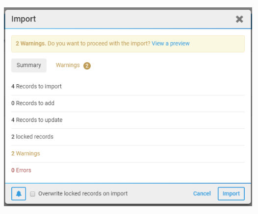 2 warnings. Do you want to proceed with the import? View a preview.