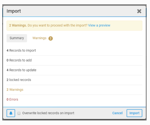 2 warnings. Do you want to proceed with the import? View a preview.
