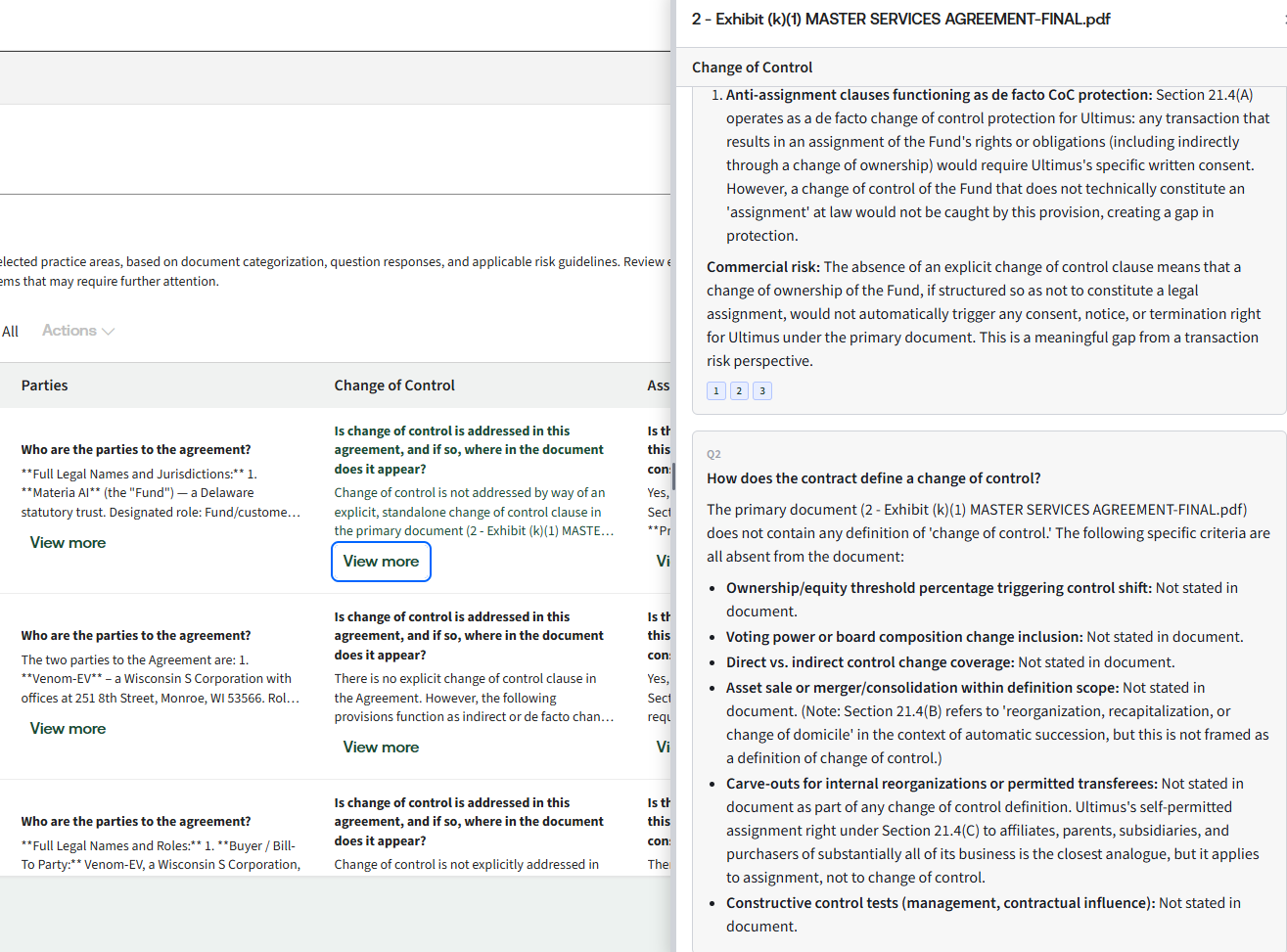 Expanded View More showing questions and answers for a column header.