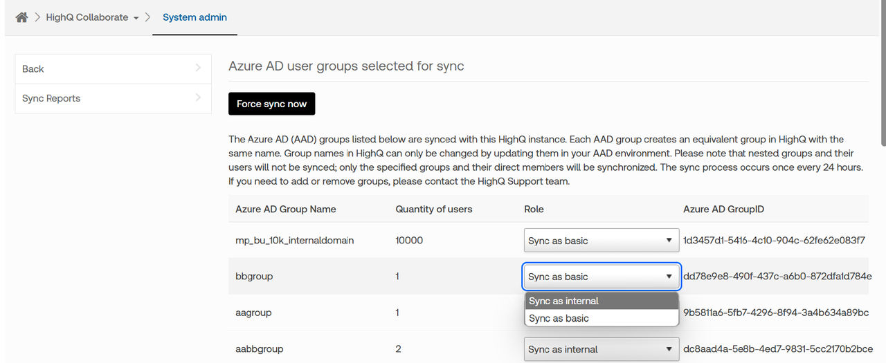 Group roles including internal and basic.