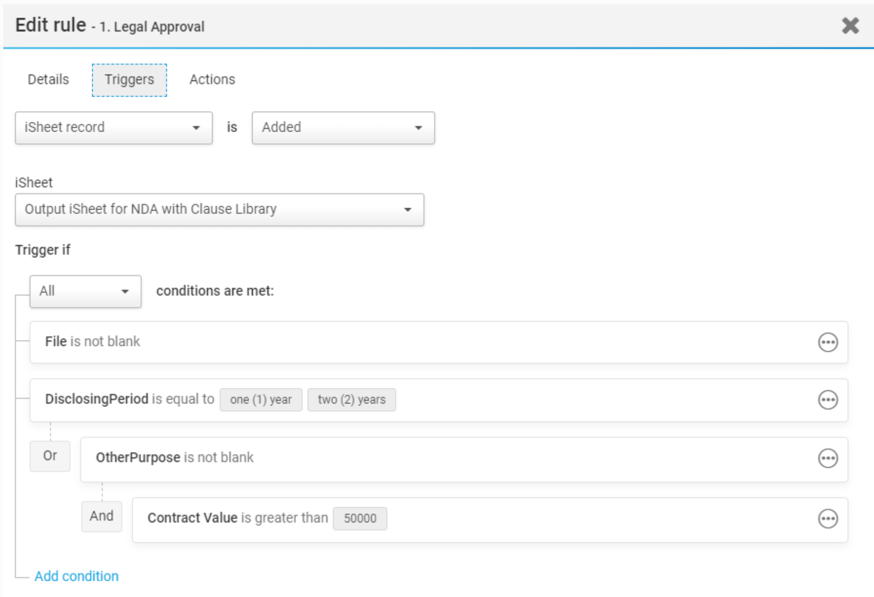 Screenshot of the Triggers tab for Rule 1.