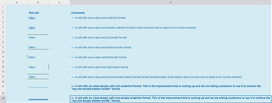 Spreadsheet shows an empty cell that's single underlined. and an empty cell that's double underlined.