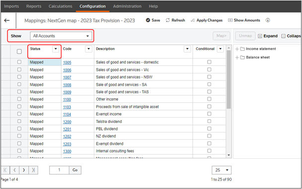 status column shows mapping