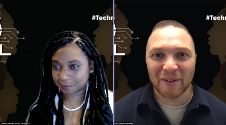A screenshot of two people speaking at a virtual Black History Month event.
