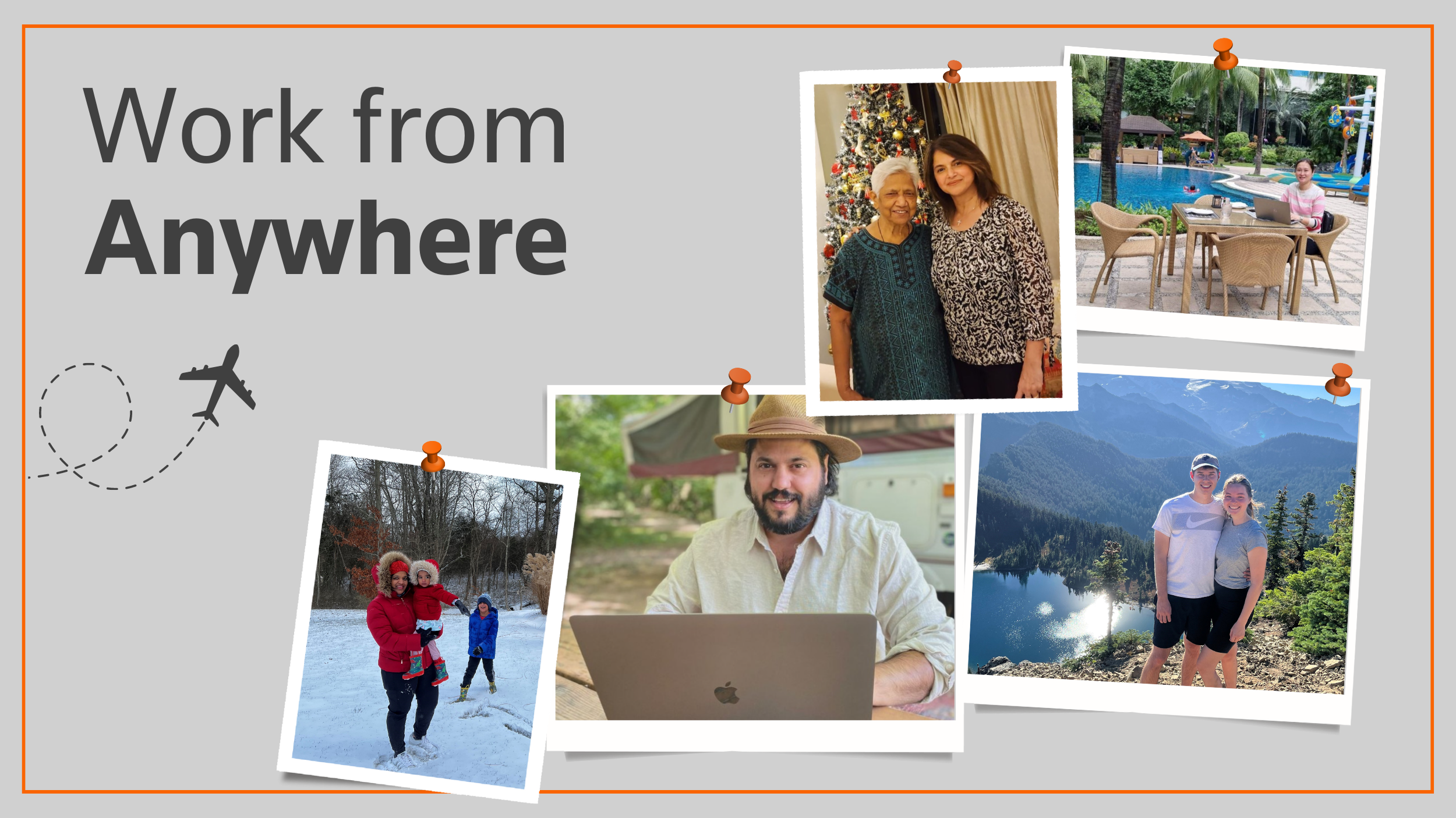 Work from Anywhere. Five photos of Thomson Reuters teammates taking advantage of the benefit and working remotely from different locations.