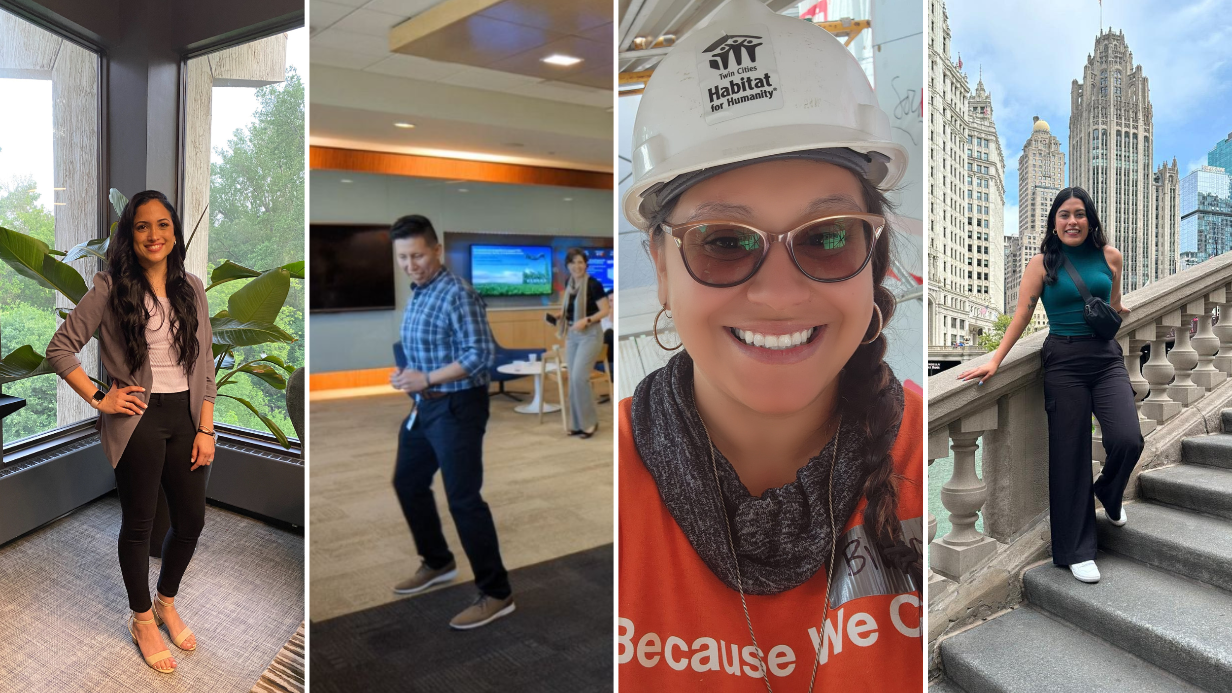 Sofia standing on a staircase in front of a background of tall buildings, wearing dark pants and a green shirt. Teammates in our Minneapolis office learn to salsa dance together. Andrea standing in front of a window and a plant, smiling, and wearing dark pants and a suit jacket. Bianca smiling and taking a selfie while wearing sunglasses and a construction hat.