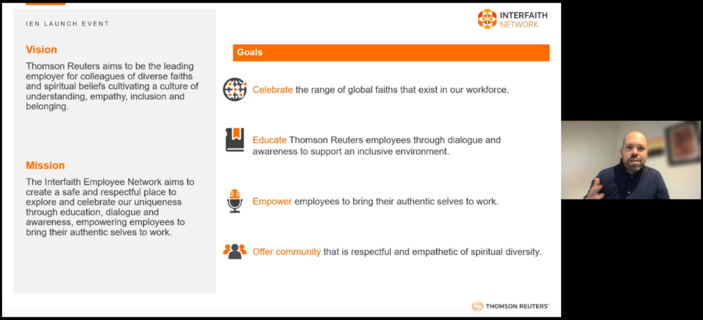 An image from a webinar that has a person speakin in the left hand corner and text that talks about what the Interfaith Employee Network is.