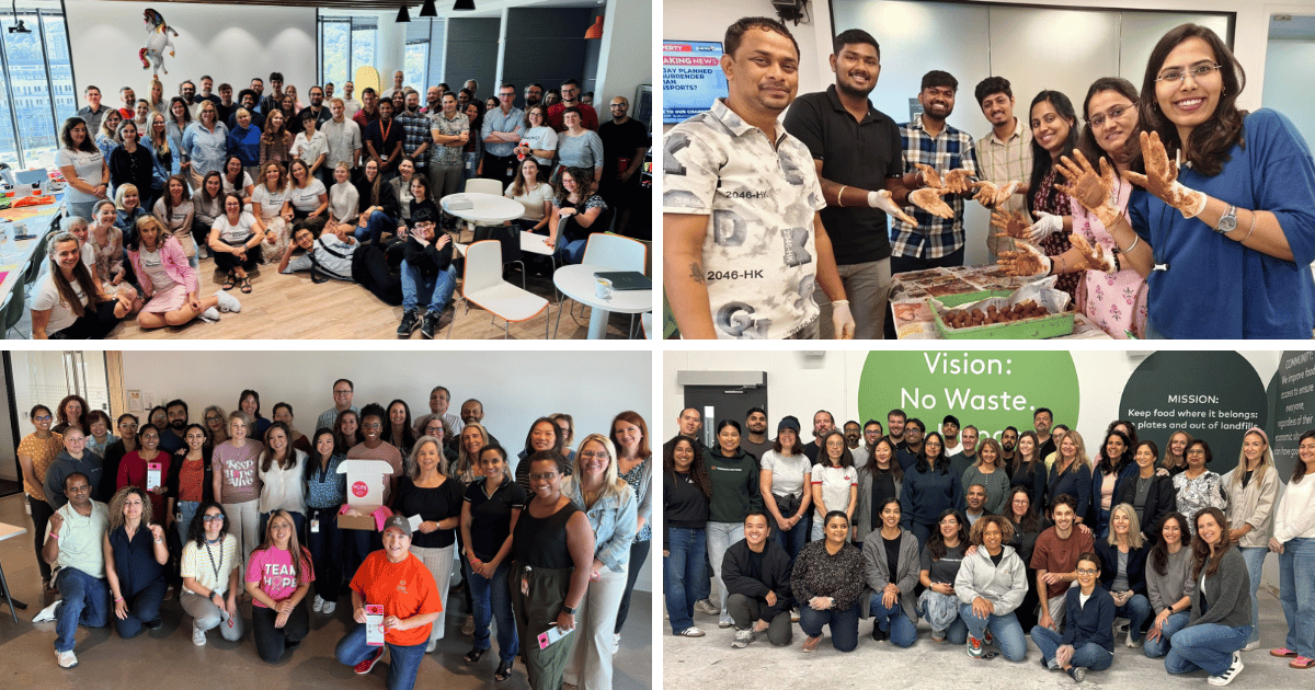 Collage of four group photos showing employees gathered indoors at workplace events, including team celebrations, a hands-on food activity, and a group standing beneath signage reading “Vision: No Waste.”