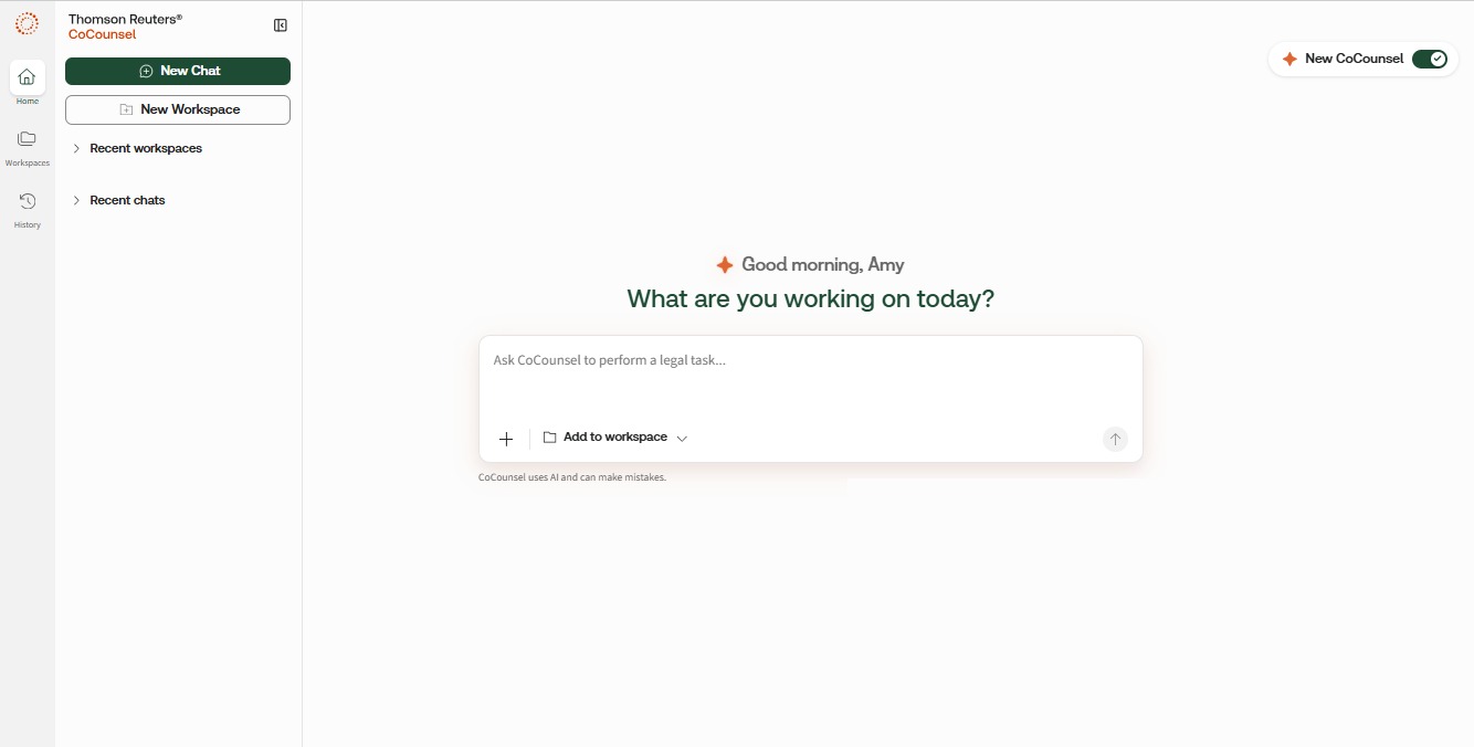 A screenshot of the homepage of the next generation of CoCounsel Legal Next 