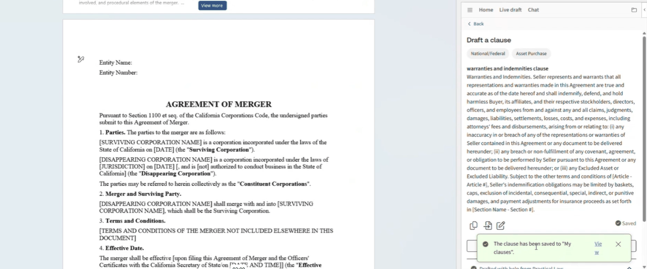 A screenshot of Clause Library in CoCounsel for Microsoft Word 