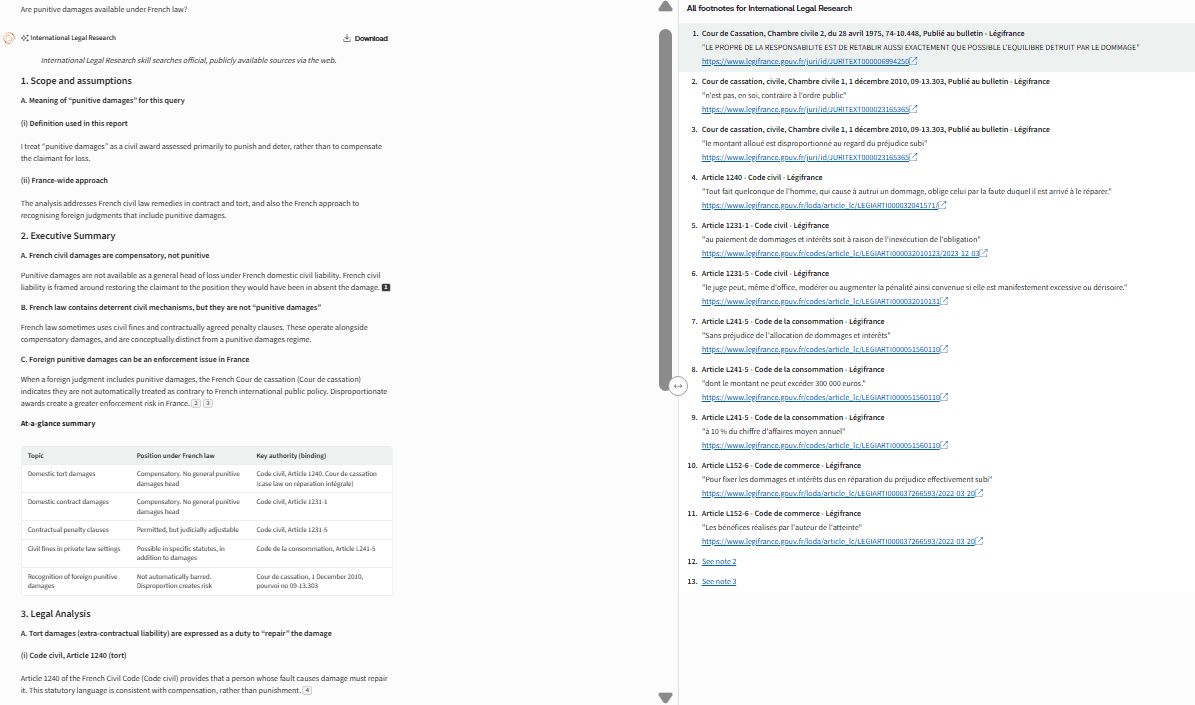  A screenshot showing the feature of International Legal Research provides answers to legal queries based on official and trusted legal sources across multiple jurisdictions. This new skill retrieves legal information from approved legal websites for France and Germany (including EU law) and is designed specifically for professional legal research — not general web browsing.