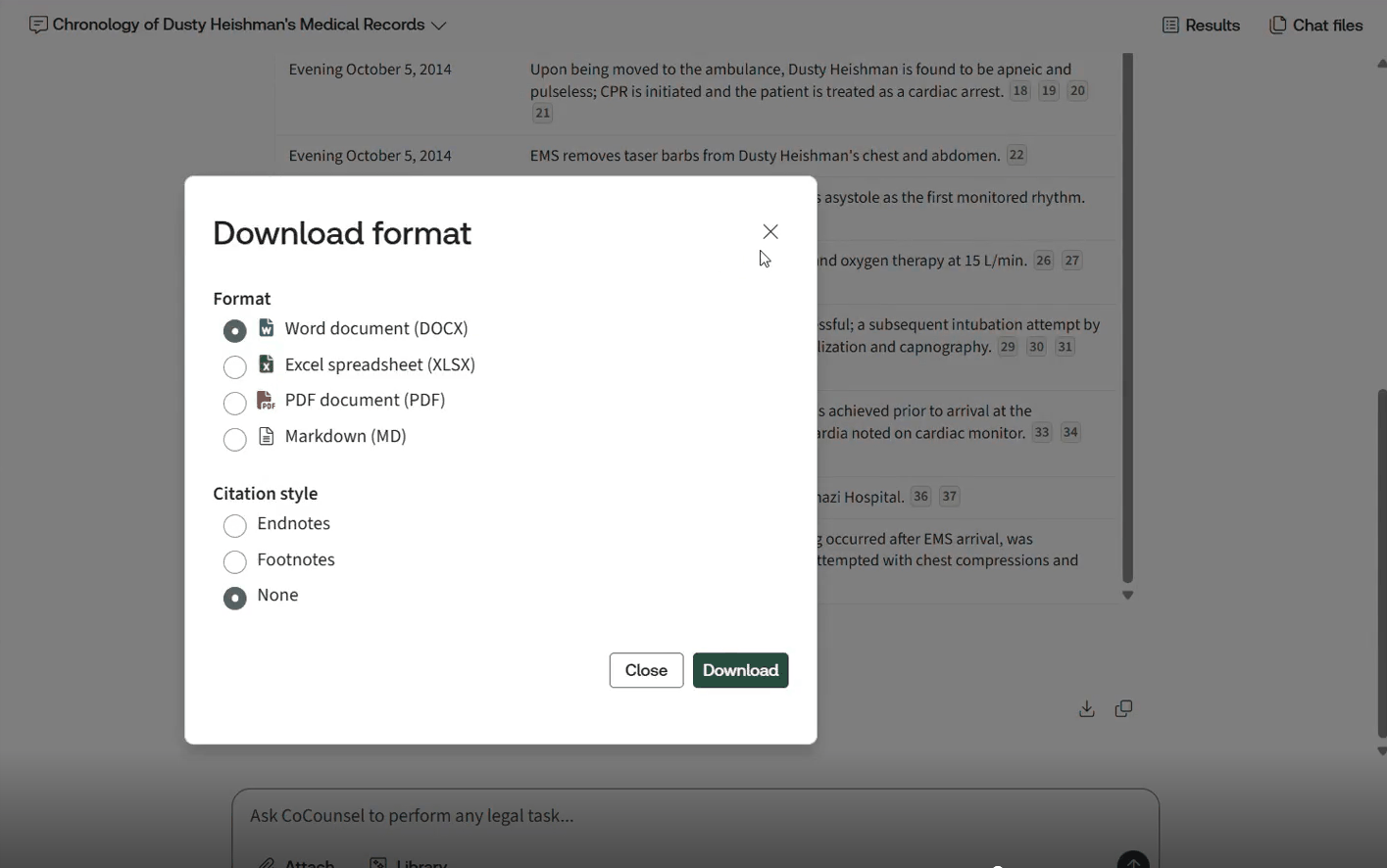 A screenshot showing on demand downloads in CoCounsel Legal software