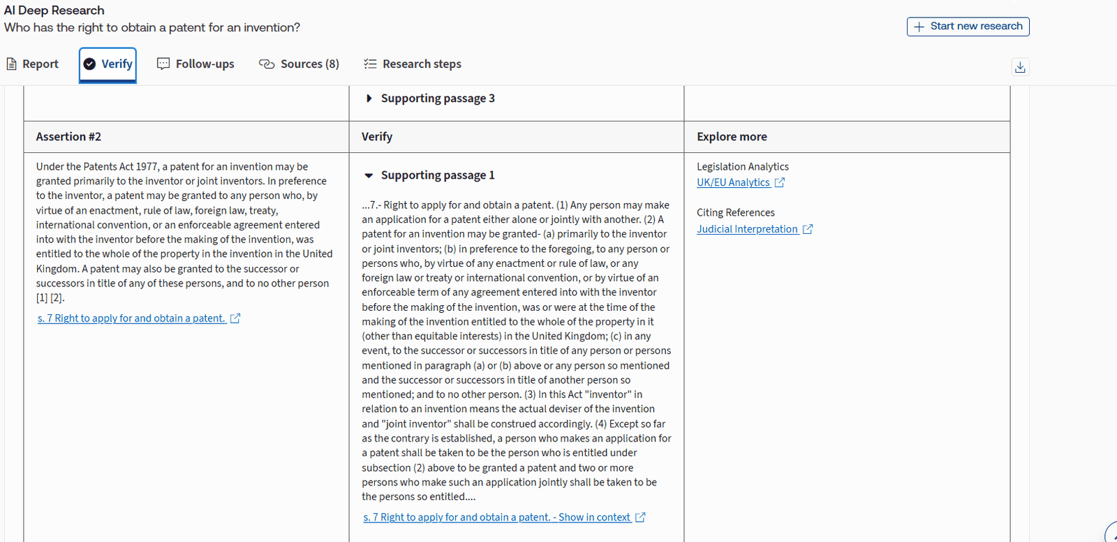 A screenshot of Deep Research Verify helping customers review Deep Research reports with greater confidence by automatically checking whether cited authority supports the assertions made.