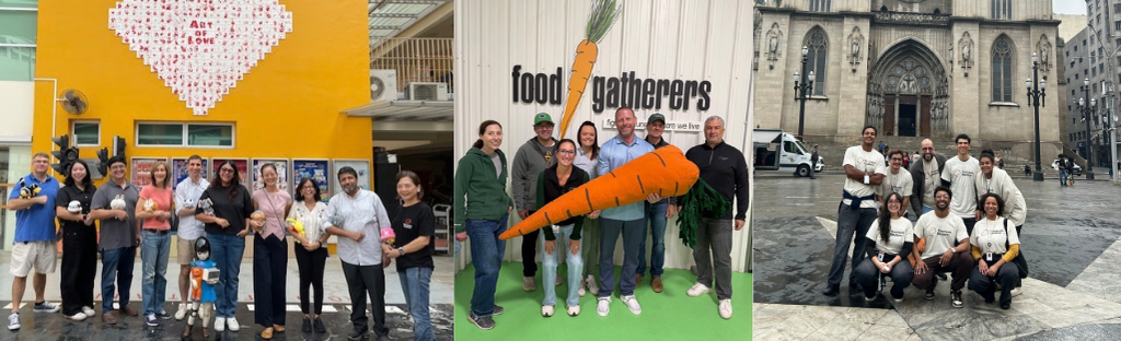 Thomson Reuters employees volunteering at three global locations: (left) team at Food Gatherers food bank; (middle) group holding oversized carrot prop at a food donation initiative; (right) employees posing in front of a historic cathedral during community service