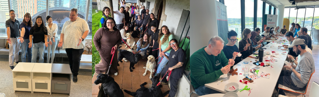 Thomson Reuters employees participating in two volunteer activities: (left) team members interacting with puppies and dogs during an animal welfare event; (right) employees seated at a long table assembling crafts or care packages together