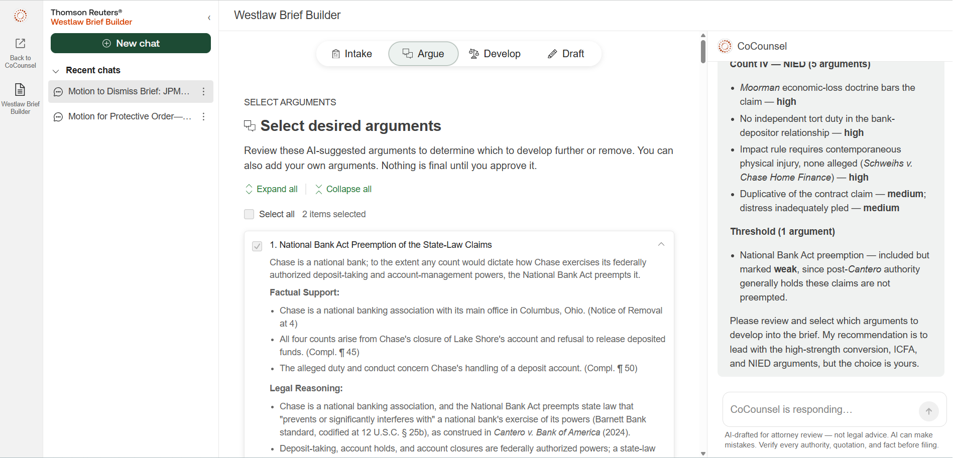 Screenshot of Westlaw Brief Builder's "Argue" step, where a user reviews and selects AI-suggested legal arguments—with supporting facts, case law, and strength ratings—to build a motion to dismiss brief.