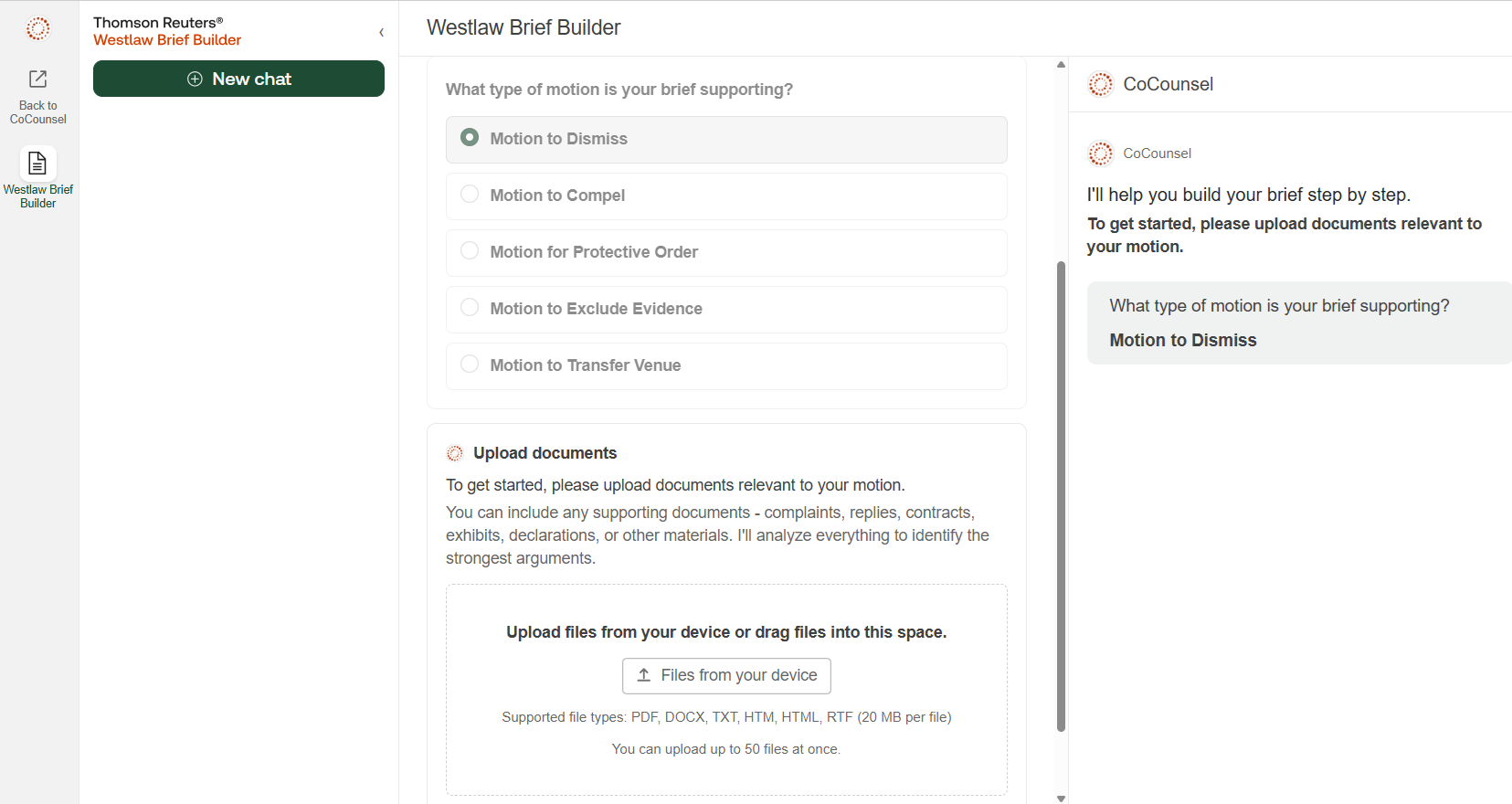 Screenshot of Westlaw Brief Builder with "Motion to Dismiss" selected and a prompt to upload supporting documents to build the brief.