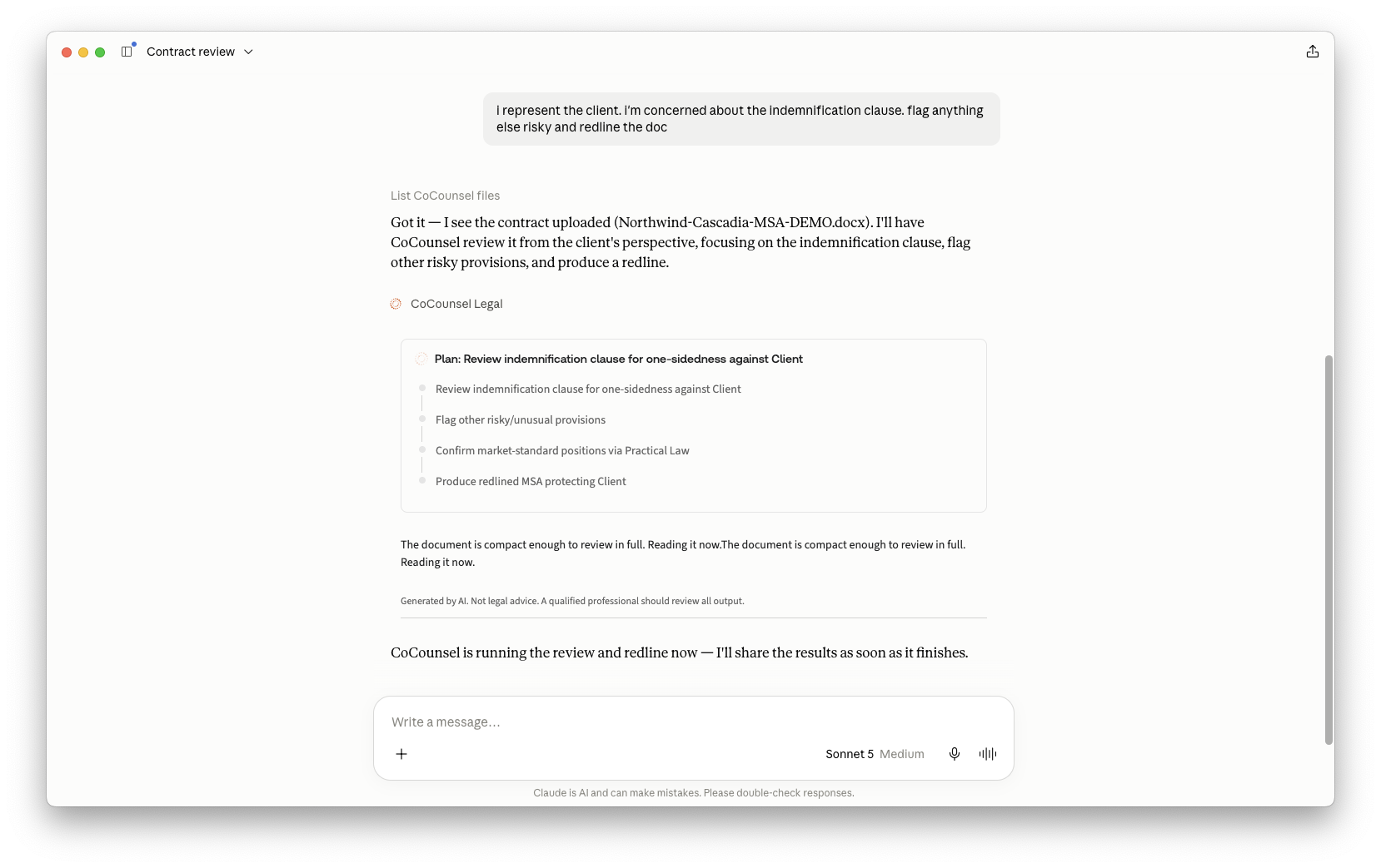 Screenshot of Claude using CoCounsel Legal to review a contract's indemnification clause, flag risky provisions, and prepare a redline, shown with a step-by-step review plan.