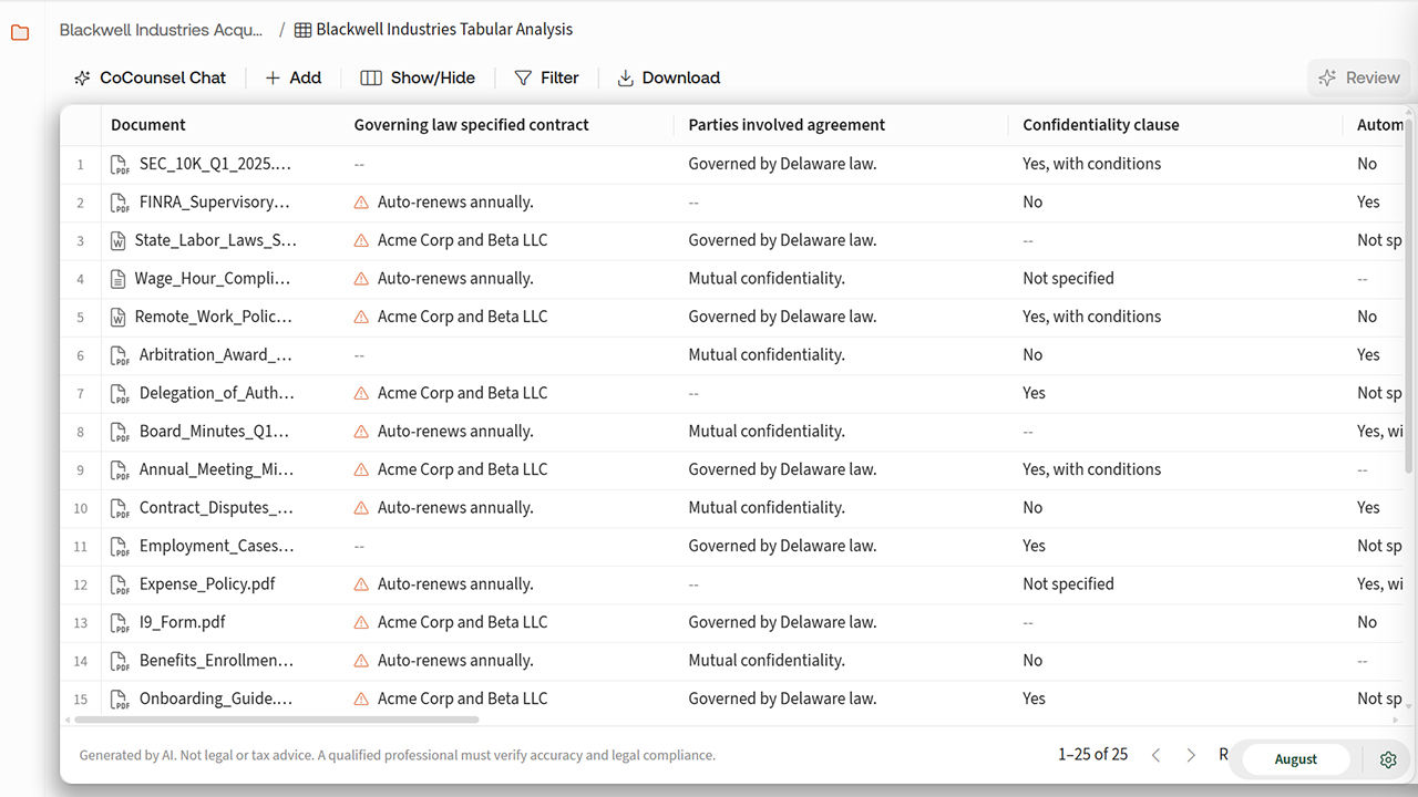 Screenshot of CoCounsel's Tabular Analysis tool, showing extracted contract details—governing law, parties, confidentiality clauses— across multiple documents in a spreadsheet view.