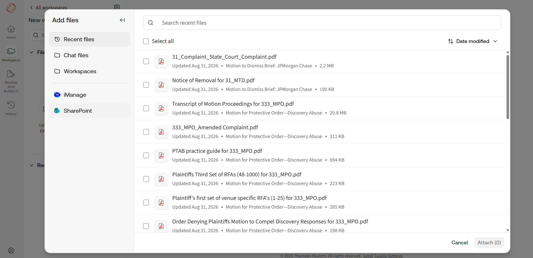 Screenshot of CoCounsel's "Add files" dialog, showing document connectors like iManage and SharePoint and a list of recent case files available to attach.