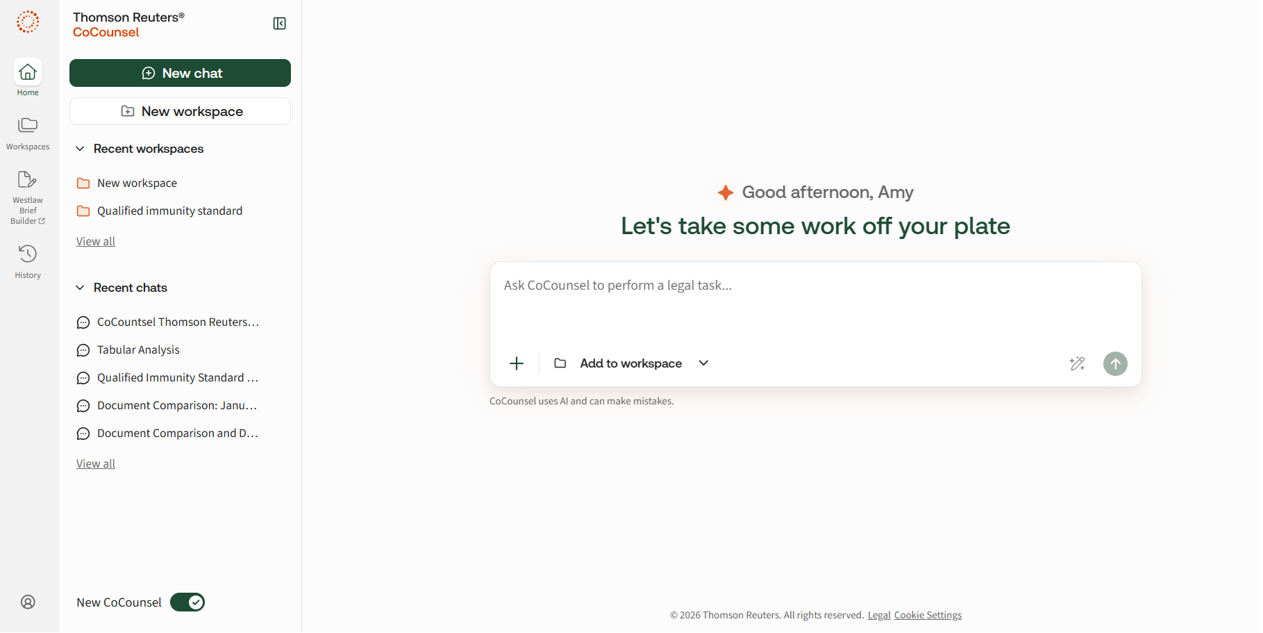 Screenshot of the CoCounsel home screen with the prompt "Let's take some work off your plate" and a bar to ask CoCounsel to perform a legal task.