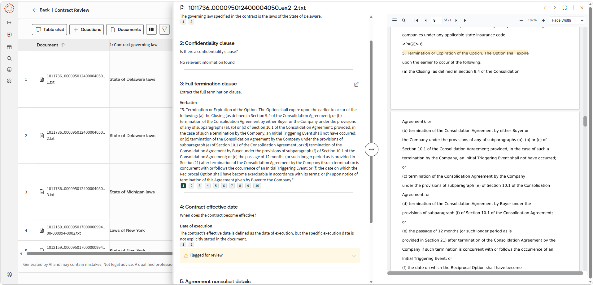 Screenshot of CoCounsel's Tabular Analysis tool, showing contract review answers extracted into a table alongside the source document with the matching clause highlighted.