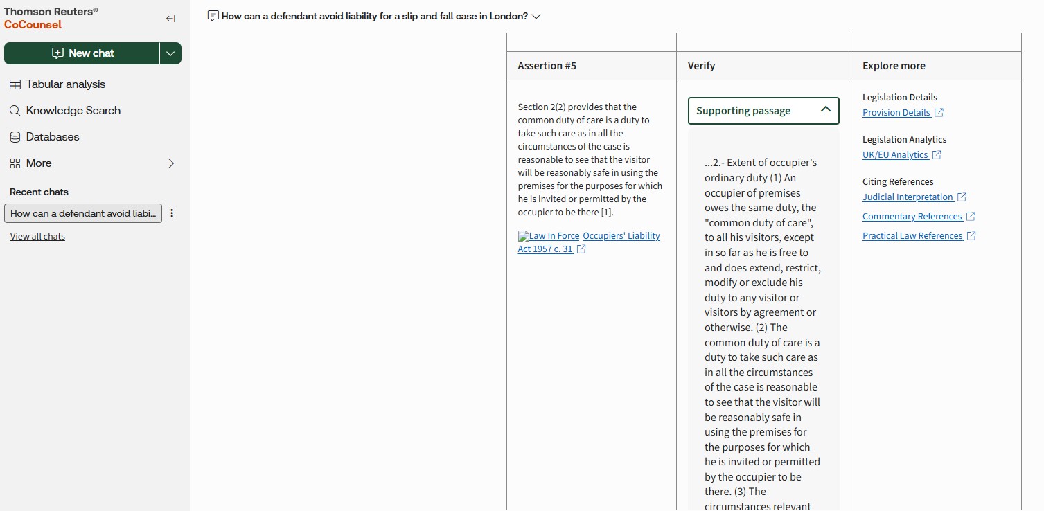 Screenshot of CoCounsel's verification view, showing a legal assertion on occupiers' duty of care matched against its supporting statutory passage from the Occupiers' Liability Act 1957.