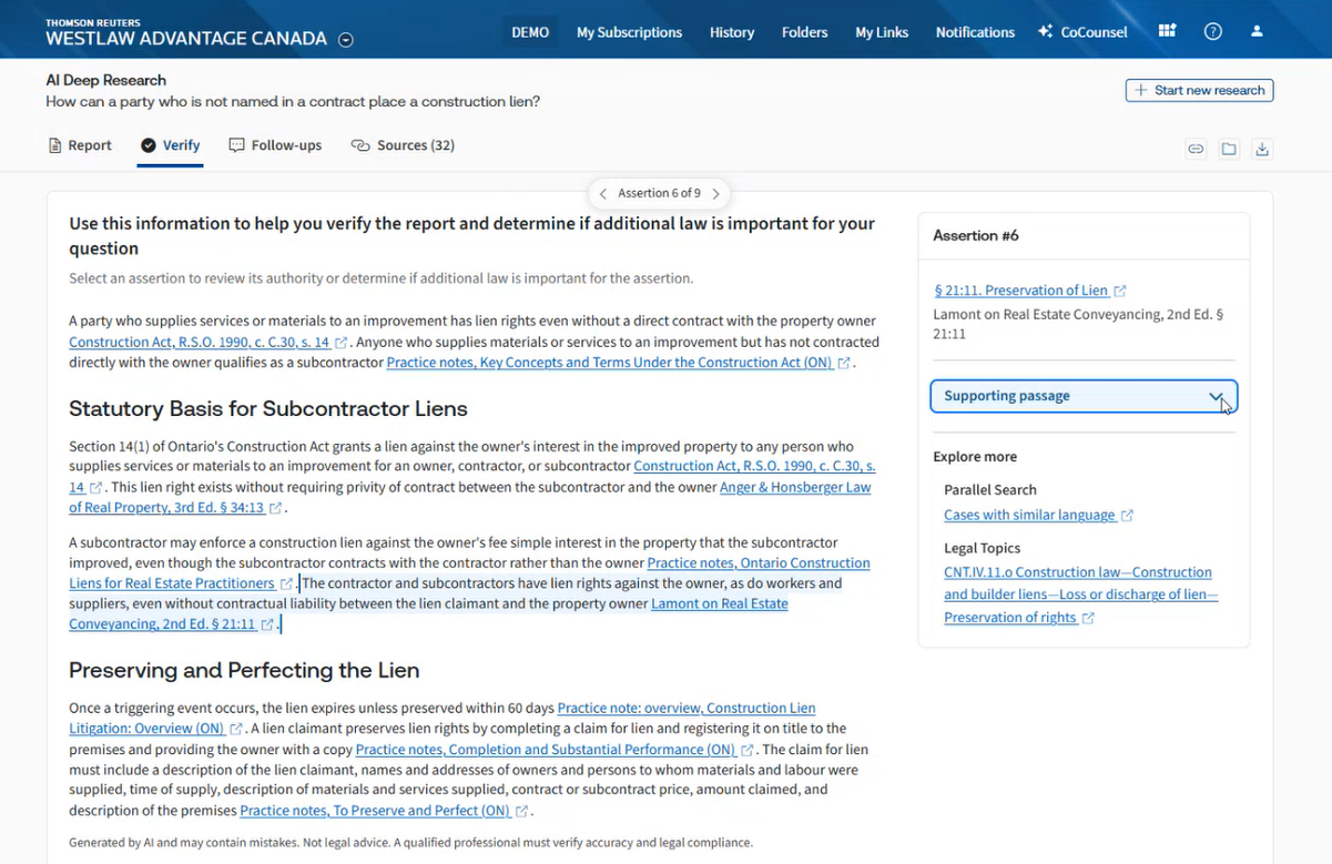 Screenshot of Westlaw Advantage Canada's AI Deep Research "Verify" tab, showing a legal research report on construction liens with a supporting-passage panel for verifying one of its assertions.